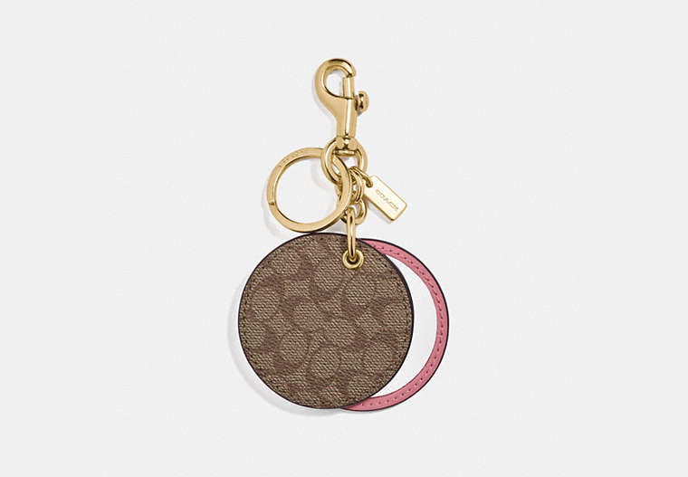 COACH®,MIRROR BAG CHARM IN SIGNATURE CANVAS,Leather,GD/Khaki Pink,Front View