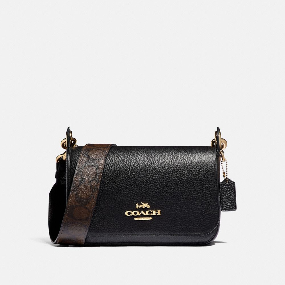 COACH®,SMALL JES MESSENGER WITH SIGNATURE CANVAS STRAP,Leather,Medium,Gold/Black,Front View