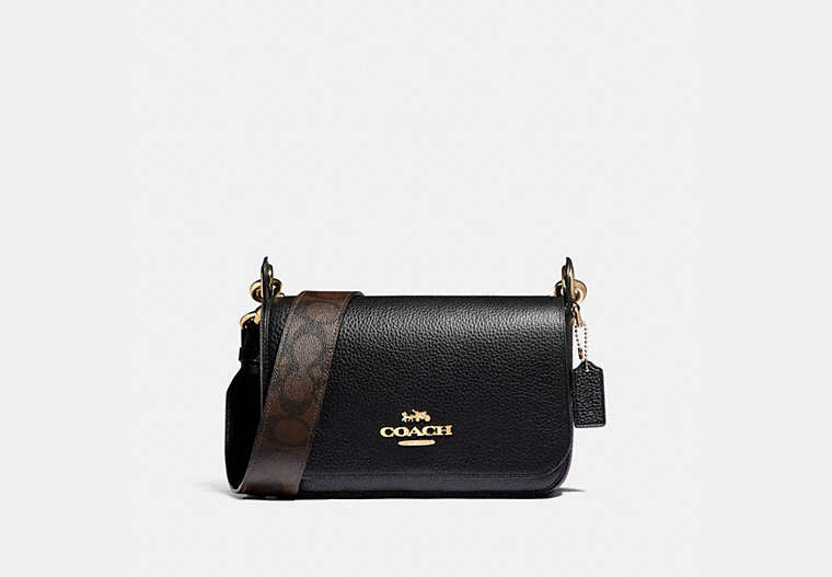 COACH®,SMALL JES MESSENGER WITH SIGNATURE CANVAS STRAP,Leather,Medium,Gold/Black,Front View