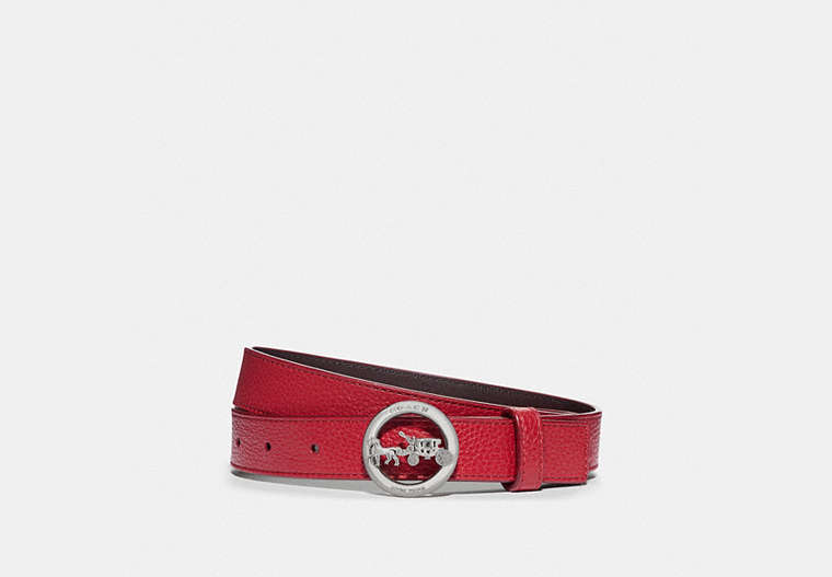 COACH®,HORSE AND CARRIAGE BELT,Pebbled Leather,Silver/True Red Oxblood,Front View