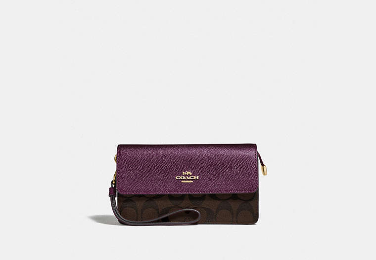 COACH®,FOLDOVER WRISTLET IN SIGNATURE CANVAS,Gold/Brown Metallic Berry,Front View