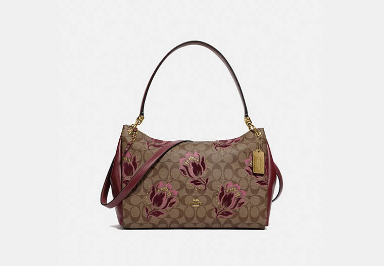 COACH®,MIA SHOULDER BAG IN SIGNATURE CANVAS WITH DESERT TULIP PRINT FLOCKING,pvc,Large,Gold/Khaki Pink Multi,Front View