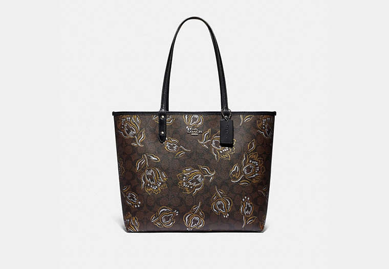 COACH®,REVERSIBLE CITY TOTE IN SIGNATURE CANVAS WITH TULIP PRINT,pvc,Large,Silver/Chestnut Metallic/Black,Front View