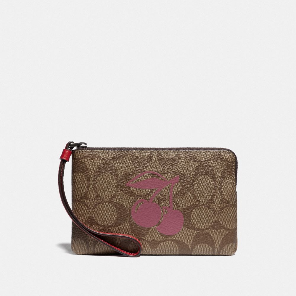 Corner Zip Wristlet In Signature Canvas With Cherry Motif