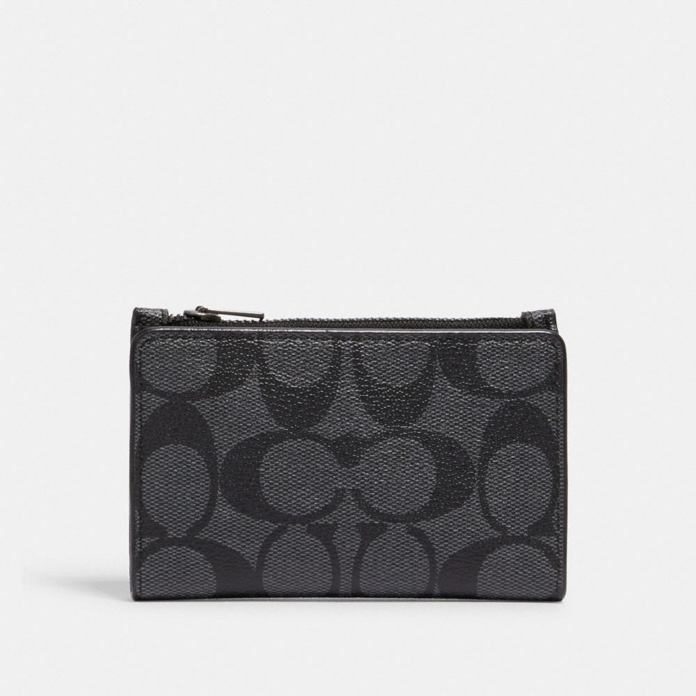 COACH®,SLIM BIFOLD CARD WALLET IN SIGNATURE CANVAS,Gunmetal/Charcoal,Front View