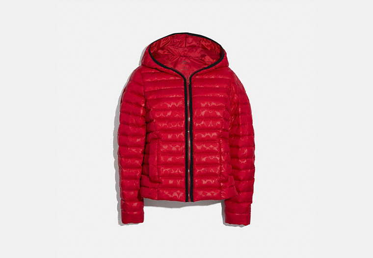 COACH®,PACKABLE SIGNATURE EMBOSSED DOWN JACKET,CLASSIC RED,Front View