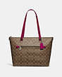 COACH®,GALLERY TOTE IN SIGNATURE CANVAS,Leather,Large,Silver/Khaki Dark Fuchsia,Front View