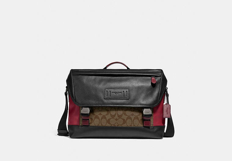 COACH®,RANGER MESSENGER IN COLORBLOCK SIGNATURE CANVAS,pvc,Large,Gunmetal/Tan Soft Red,Front View