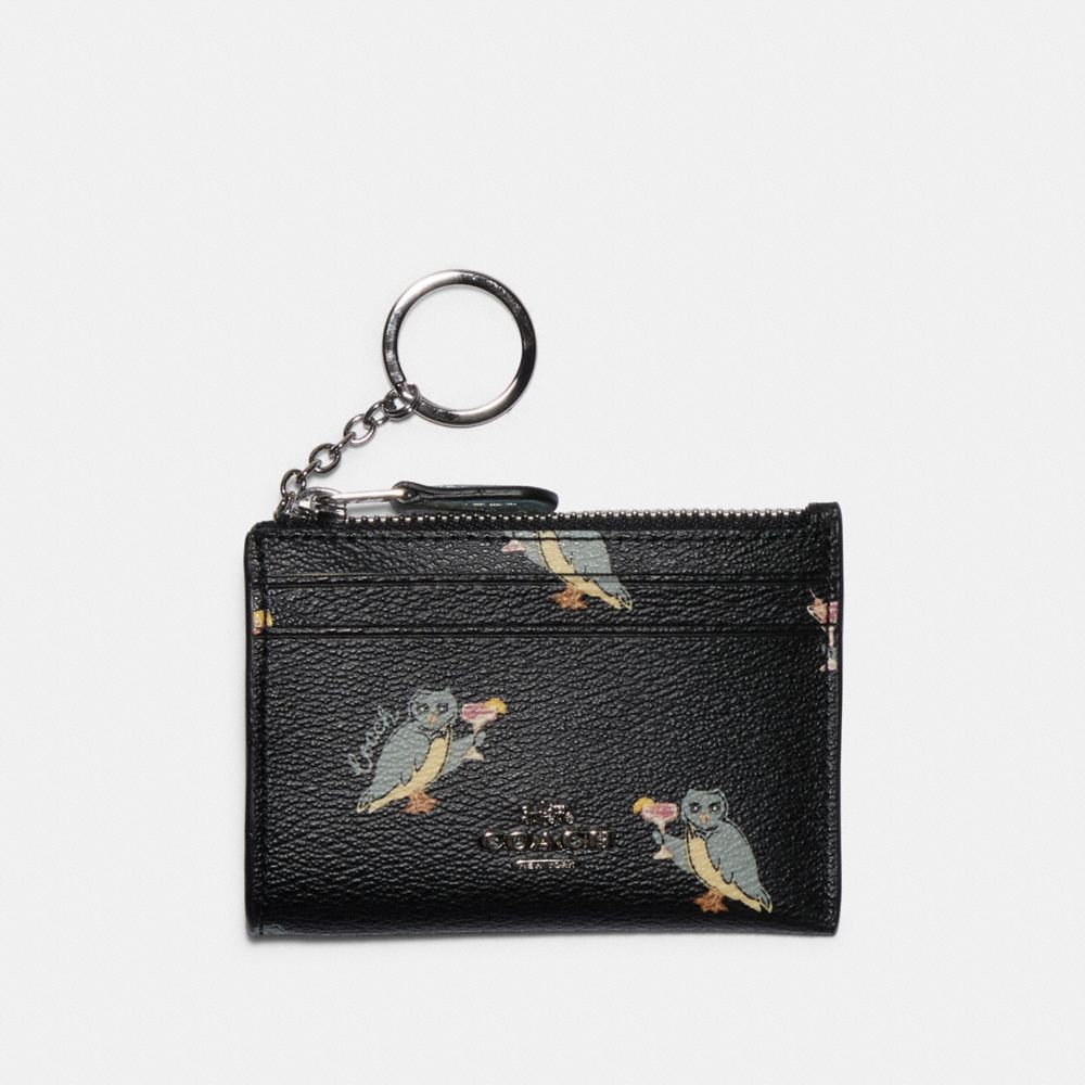 NEW COACH PARTY OWL COIN PURSE KEY RING BLACK SKINNY MINI CASE F79929 ID  HOLDER