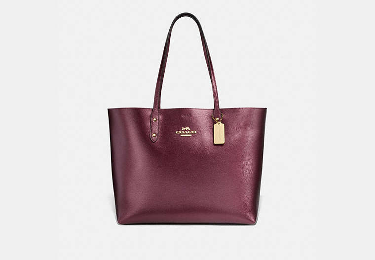 COACH®,TOWN TOTE,Leather,Large,Gold/Metallic Wine Wine,Front View