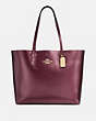 COACH®,TOWN TOTE,Leather,Large,Gold/Metallic Wine Wine,Front View