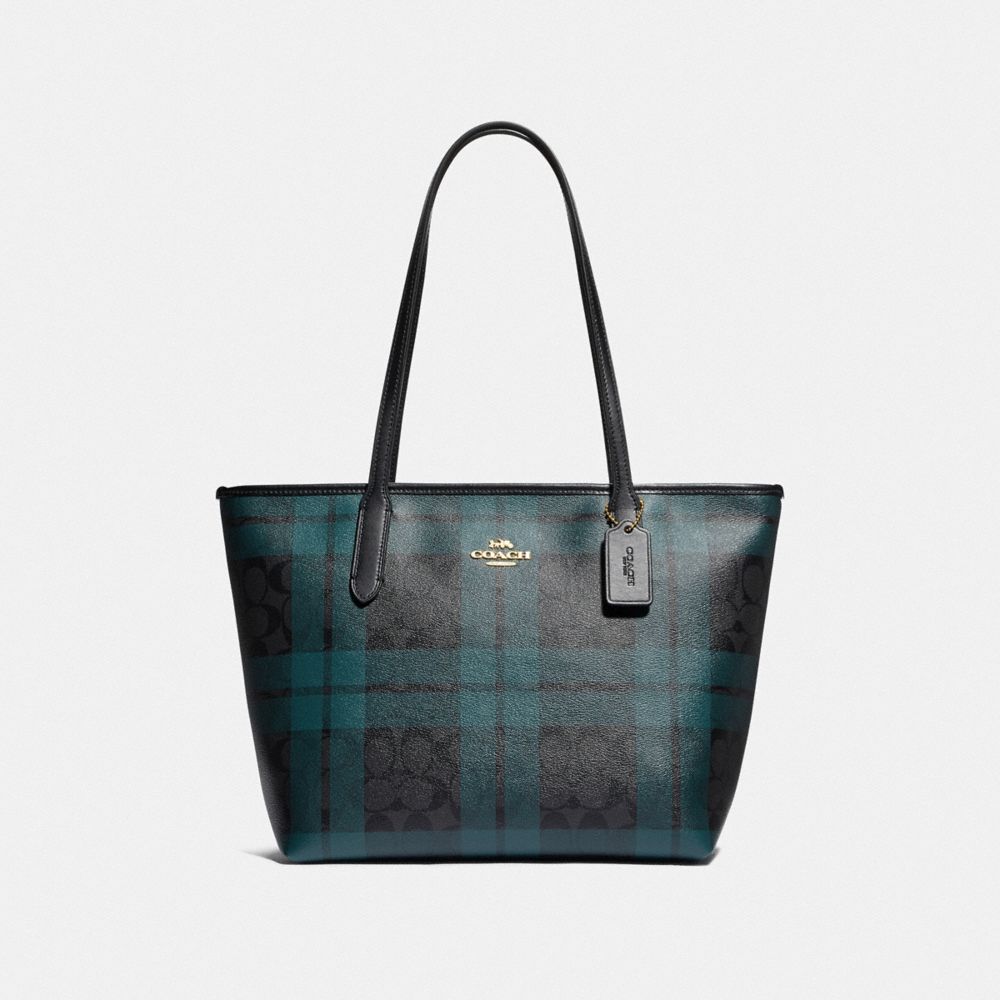 COACH Outlet Zip Top Tote In Signature Canvas With Field Plaid Print