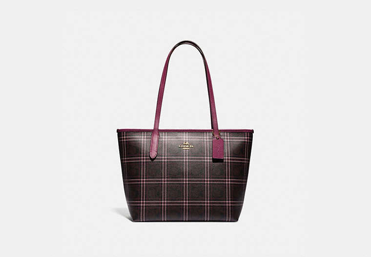 COACH®,ZIP TOP TOTE IN SIGNATURE CANVAS WITH SHIRTING PLAID PRINT,pvc,Medium,Gold/Brown Fuchsia Multi,Front View