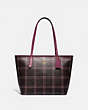 COACH®,ZIP TOP TOTE IN SIGNATURE CANVAS WITH SHIRTING PLAID PRINT,pvc,Medium,Gold/Brown Fuchsia Multi,Front View