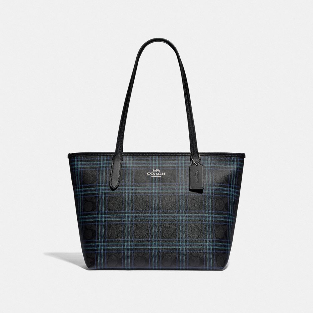 Zip Top Tote In Signature Canvas With Shirting Plaid Print
