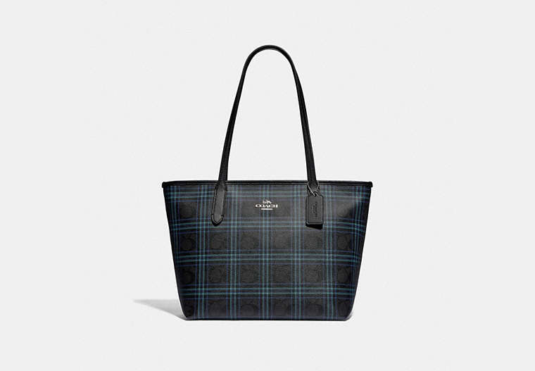 COACH®,ZIP TOP TOTE IN SIGNATURE CANVAS WITH SHIRTING PLAID PRINT,pvc,Medium,Silver/Black Navy Mutli,Front View