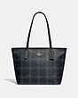 COACH®,ZIP TOP TOTE IN SIGNATURE CANVAS WITH SHIRTING PLAID PRINT,pvc,Medium,Silver/Black Navy Mutli,Front View