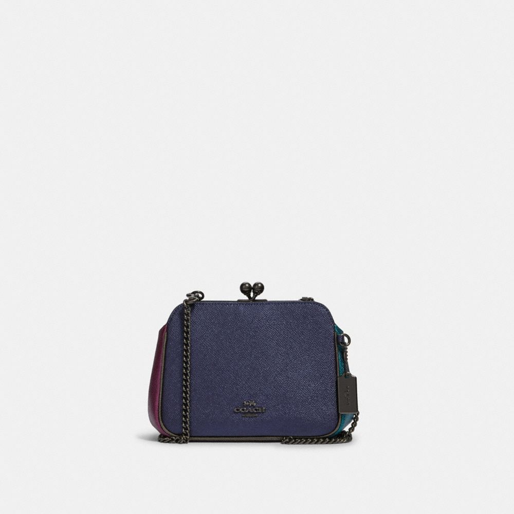 COACH®,PEARL KISSLOCK CROSSBODY IN COLORBLOCK,Leather,Small,Gunmetal/Blue Multi,Front View