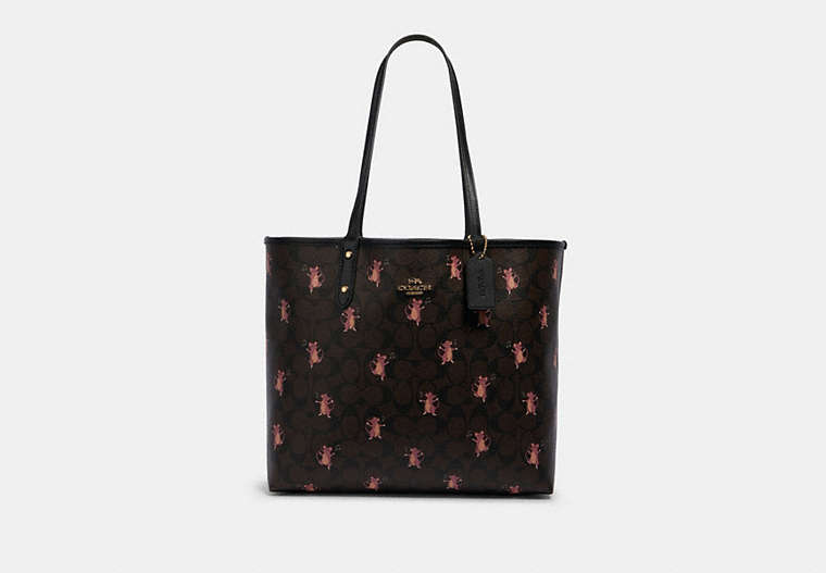 COACH®,REVERSIBLE CITY TOTE IN SIGNATURE CANVAS WITH PARTY MOUSE PRINT,pvc,Large,Gold/Brown Pink Multi/Black,Front View