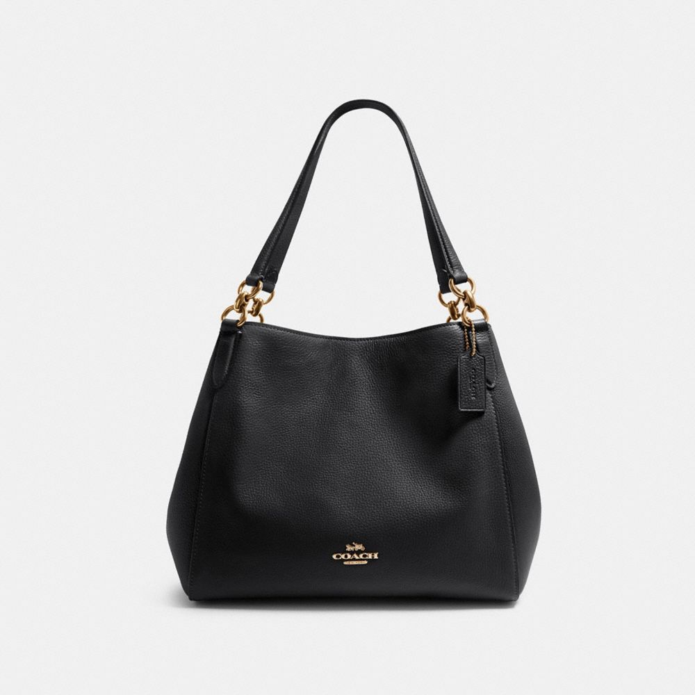 COACH®,HALLIE SHOULDER BAG,Leather,Medium,Gold/Black,Front View