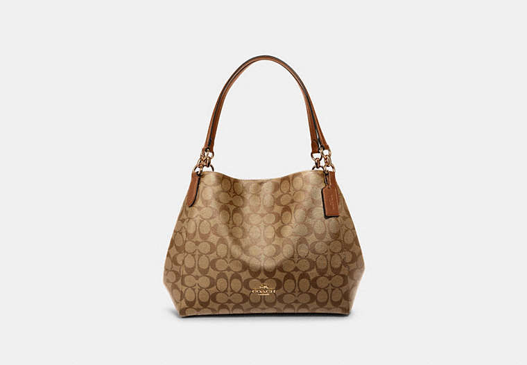 COACH®,HALLIE SHOULDER BAG IN SIGNATURE CANVAS,Leather,Small,Gold/Khaki Saddle 2,Front View
