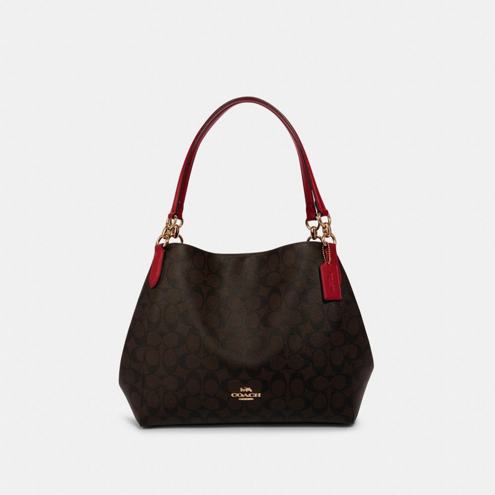 COACH®,HALLIE SHOULDER BAG IN SIGNATURE CANVAS,Leather,Small,Gold/Brown True Red,Front View