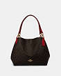 COACH®,HALLIE SHOULDER BAG IN SIGNATURE CANVAS,Leather,Small,Gold/Brown True Red,Front View