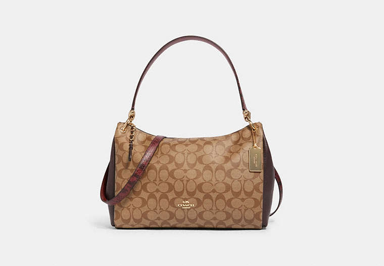 COACH®,MIA SHOULDER BAG IN SIGNATURE CANVAS,Leather,Large,Gold/Khaki Multi,Front View