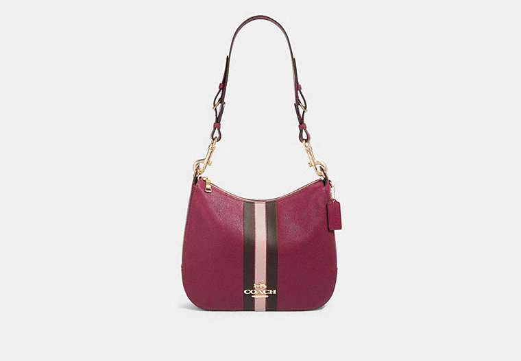 COACH®,JES HOBO WITH VARSITY STRIPE,Leather,Large,Gold/Dark Berry Multi,Front View