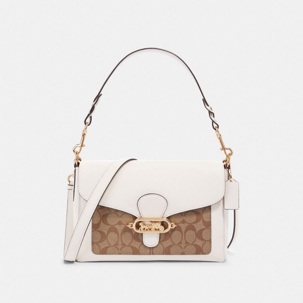 COACH®,JADE MESSENGER WITH SIGNATURE CANVAS DETAIL,pvc,Medium,Gold/KHAKI/CHALK,Front View