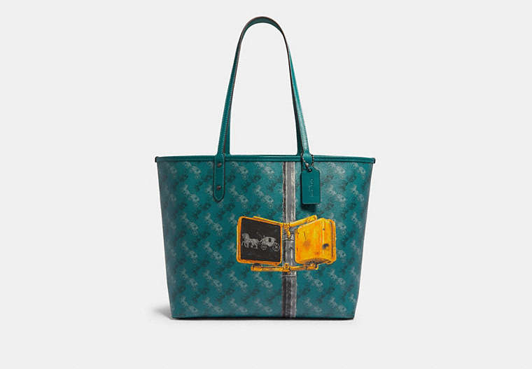 COACH®,REVERSIBLE CITY TOTE WITH HORSE AND CARRIAGE PRINT,pvc,Large,Gunmetal/Viridian Sage Multi,Front View