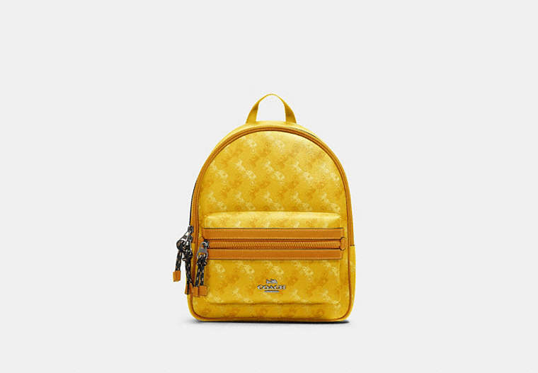 COACH®,VALE MEDIUM CHARLIE BACKPACK WITH HORSE AND CARRIAGE PRINT,pvc,Large,Silver/Yellow Multi,Front View