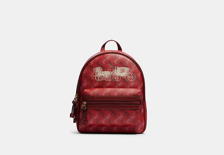 COACH®,VALE MEDIUM CHARLIE BACKPACK WITH HORSE AND CARRIAGE PRINT,pvc,Large,Gold/Bright Red/Cherry Multi,Front View