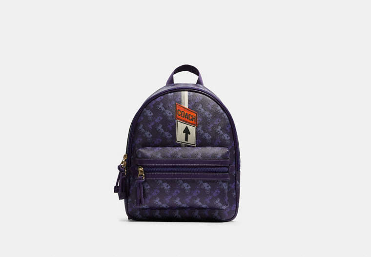 COACH®,VALE MEDIUM CHARLIE BACKPACK WITH HORSE AND CARRIAGE PRINT,pvc,Large,Gold/Dark Purple/Lavendar Multi,Front View