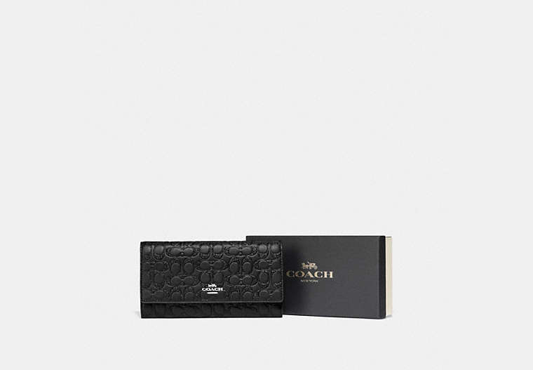 COACH®,BOXED TRIFOLD WALLET IN SIGNATURE LEATHER,Leather,Silver/Black,Front View