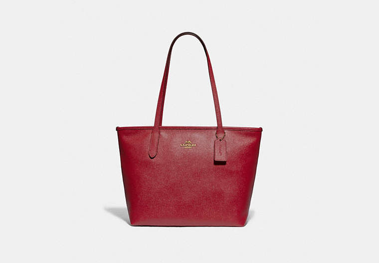 COACH®,ZIP TOP TOTE,Leather,Medium,Gold/True Red,Front View