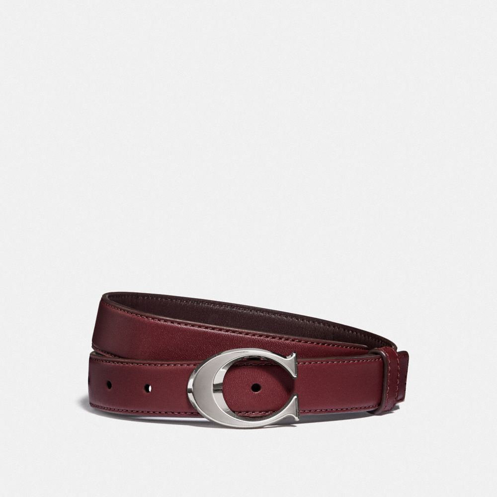 COACH®,SIGNATURE BUCKLE BELT, 25MM,Silver/Wine Oxblood,Front View