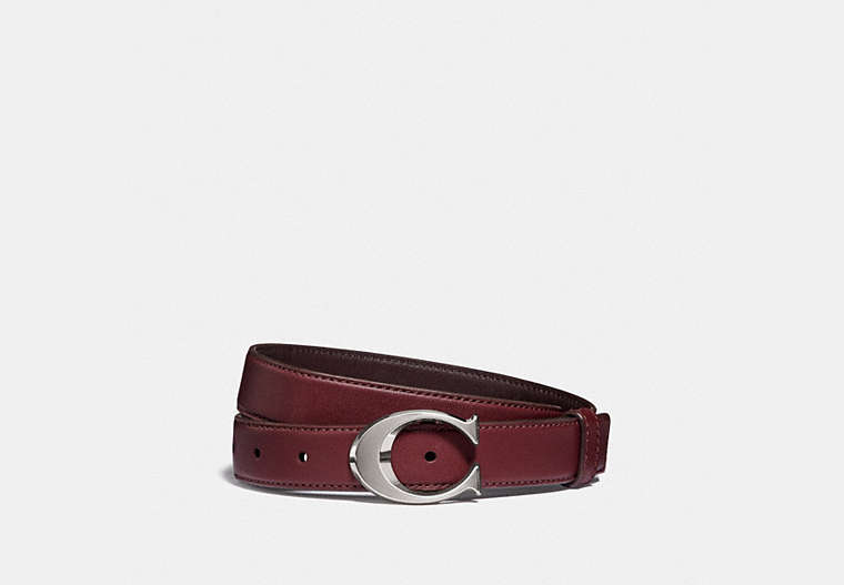 COACH®,SIGNATURE BUCKLE BELT, 25MM,Leather,Silver/Wine Oxblood,Front View