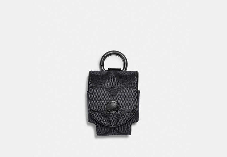 COACH®,WIRELESS EARBUD CASE BAG CHARM IN SIGNATURE CANVAS,Gunmetal/Charcoal,Front View