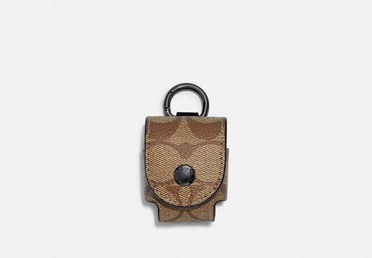 COACH®,WIRELESS EARBUD CASE BAG CHARM IN SIGNATURE CANVAS,Gunmetal/Tan,Front View