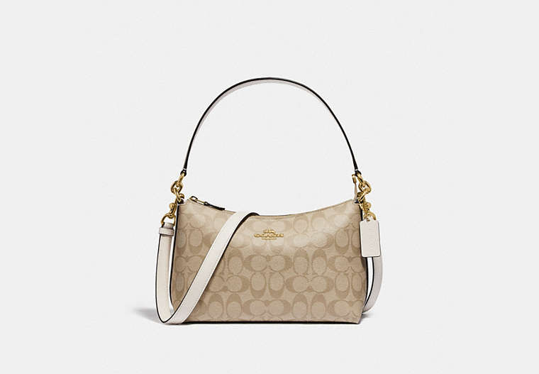 COACH®,LEWIS SHOULDER BAG IN SIGNATURE CANVAS,Leather,Medium,Gold/Light Khaki Chalk,Front View