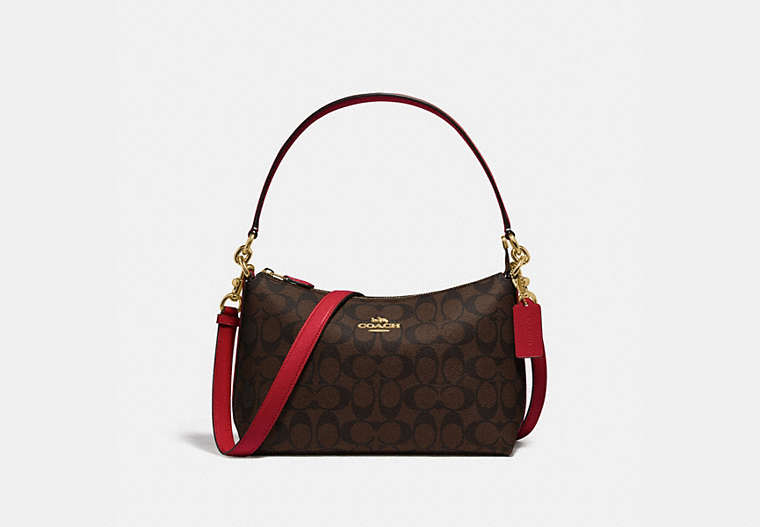 COACH®,LEWIS SHOULDER BAG IN SIGNATURE CANVAS,Leather,Medium,Gold/Brown True Red,Front View