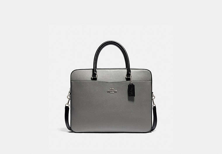 COACH®,LAPTOP BAG IN COLORBLOCK,Leather,Medium,Silver/Heather Grey Multi,Front View