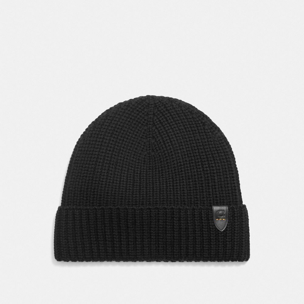 COACH®,RIB KNIT MERINO WOOL HAT,Black,Front View