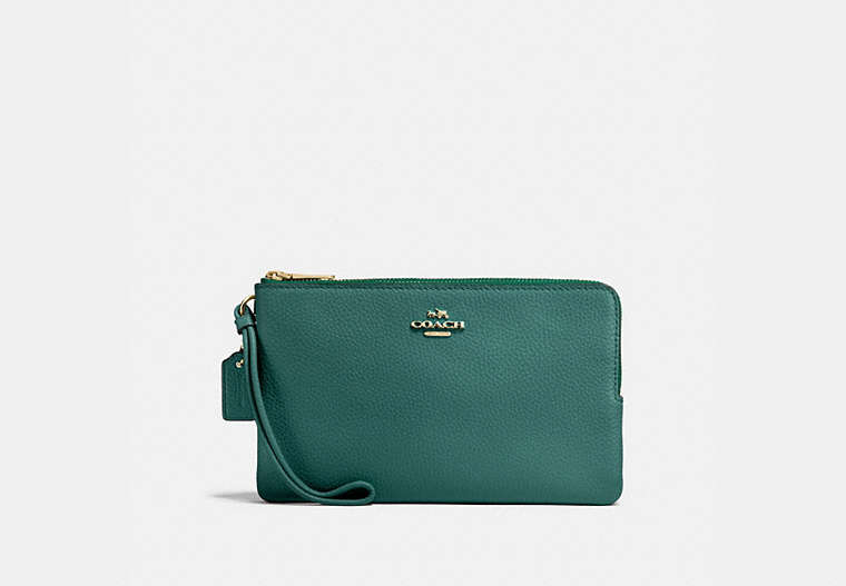 COACH®,DOUBLE ZIP WALLET,pusplitleather,Mini,Gold/Dark Turquoise,Front View