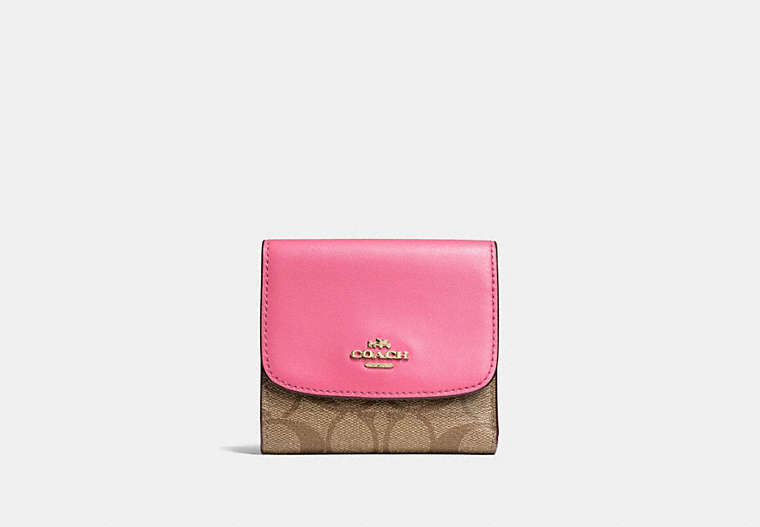 COACH®,SMALL WALLET IN SIGNATURE CANVAS,pvc,Gold/Khaki Pink Ruby,Front View