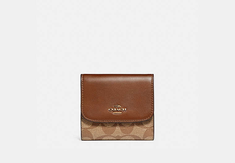 COACH®,SMALL WALLET IN SIGNATURE CANVAS,pvc,Gold/Khaki Saddle 2,Front View