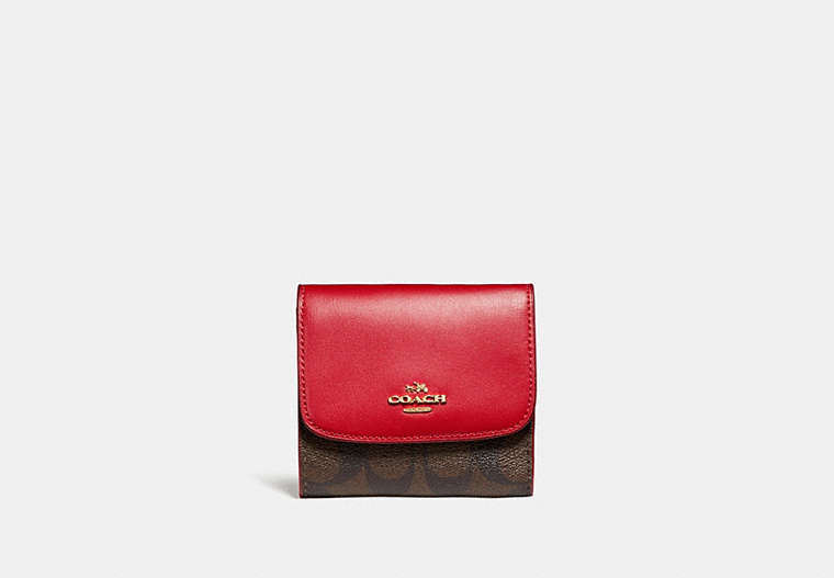 COACH®,SMALL WALLET IN SIGNATURE CANVAS,pvc,Gold/Brown True Red,Front View