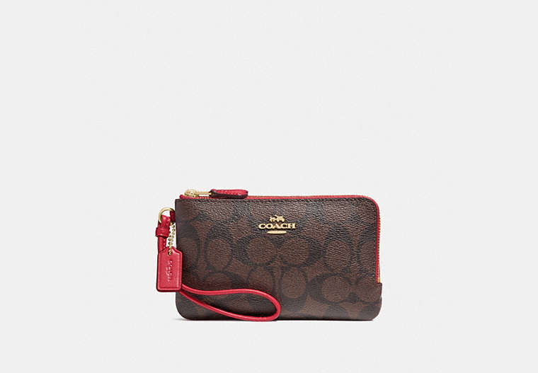 COACH®,DOUBLE CORNER ZIP WRISTLET IN SIGNATURE CANVAS,pvc,Small,Gold/Brown True Red,Front View