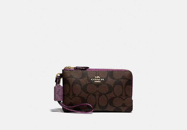 COACH®,DOUBLE CORNER ZIP WRISTLET IN SIGNATURE CANVAS,pvc,Small,Gold/Brown Metallic Berry,Front View
